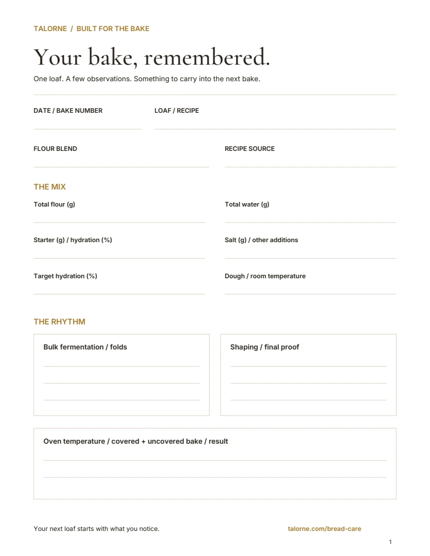 Preview of the printable TALORNE Bake and Loaf Journal.