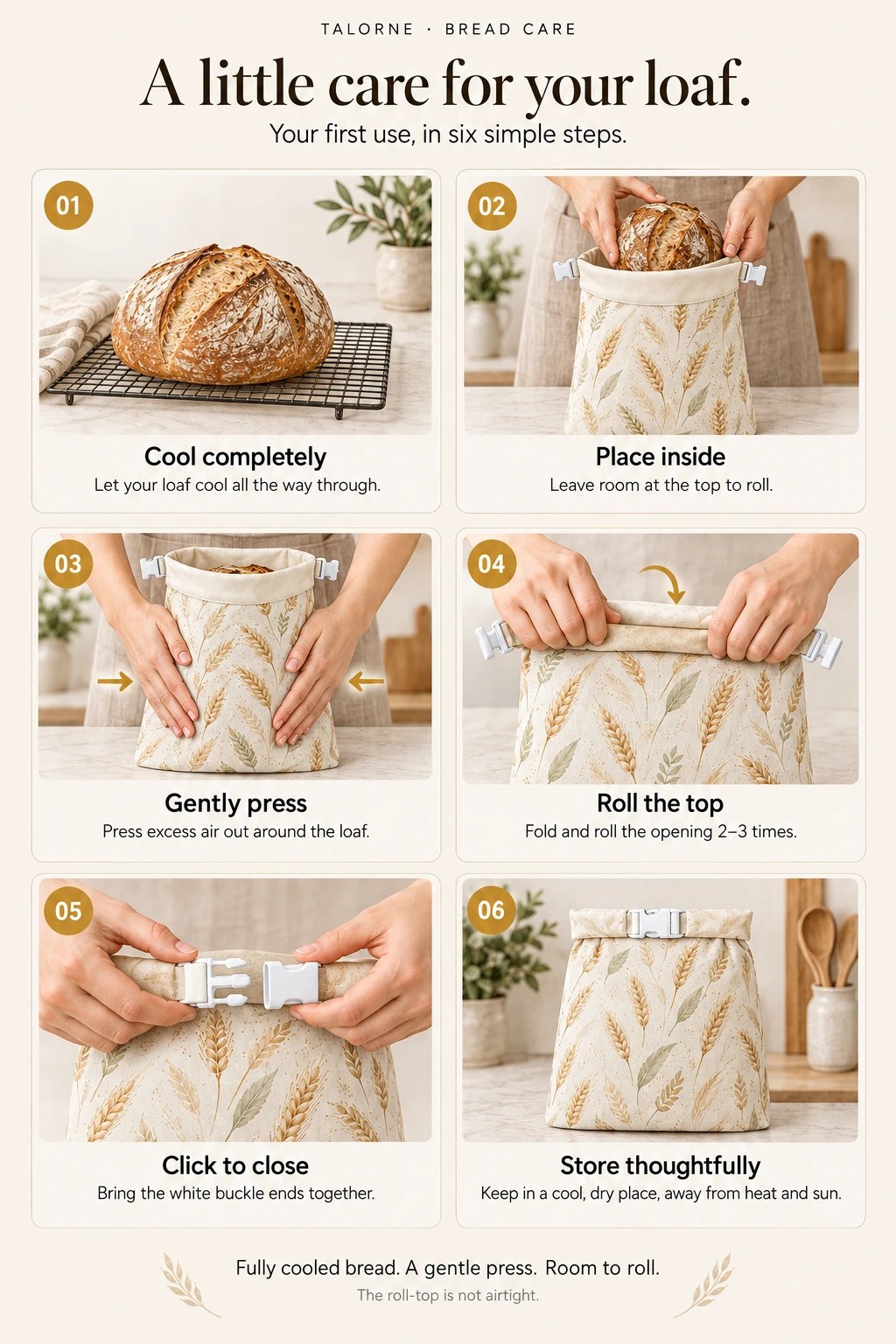 A sourdough loaf resting on a cooling rack. Illustrated use guide.