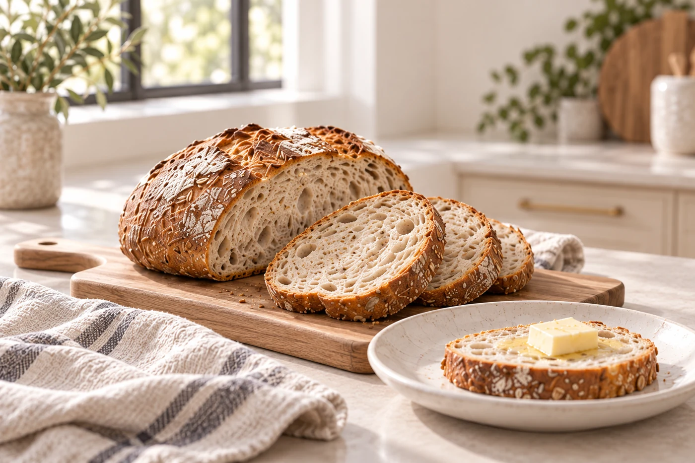 Sourdough and slices on a pale kitchen board beside ivory ceramics. AI-created editorial photograph.