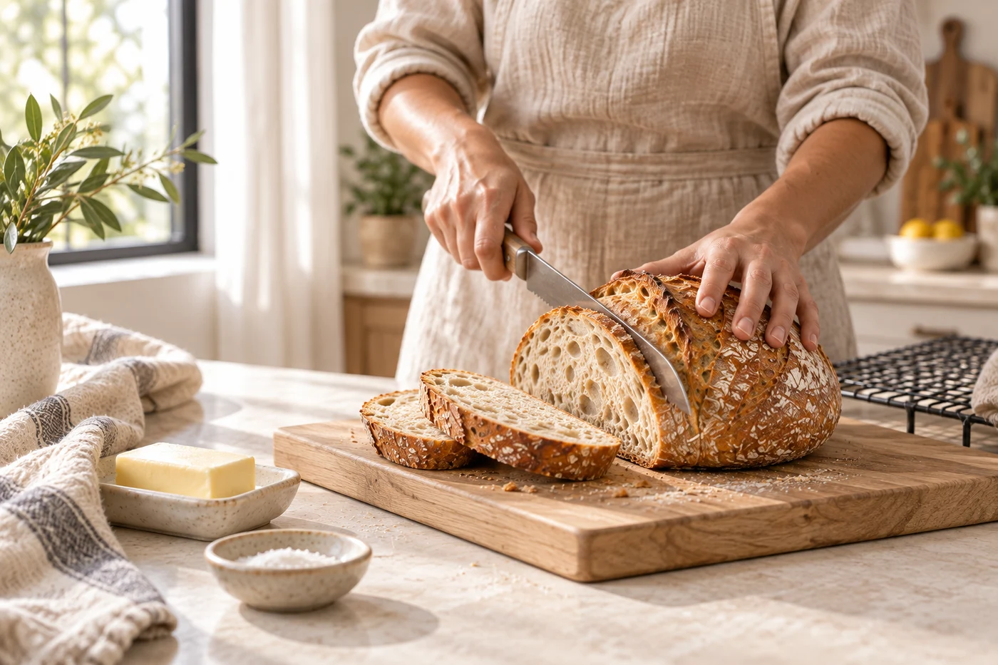 Hands slicing a sourdough loaf in a bright kitchen. AI-created editorial scene.