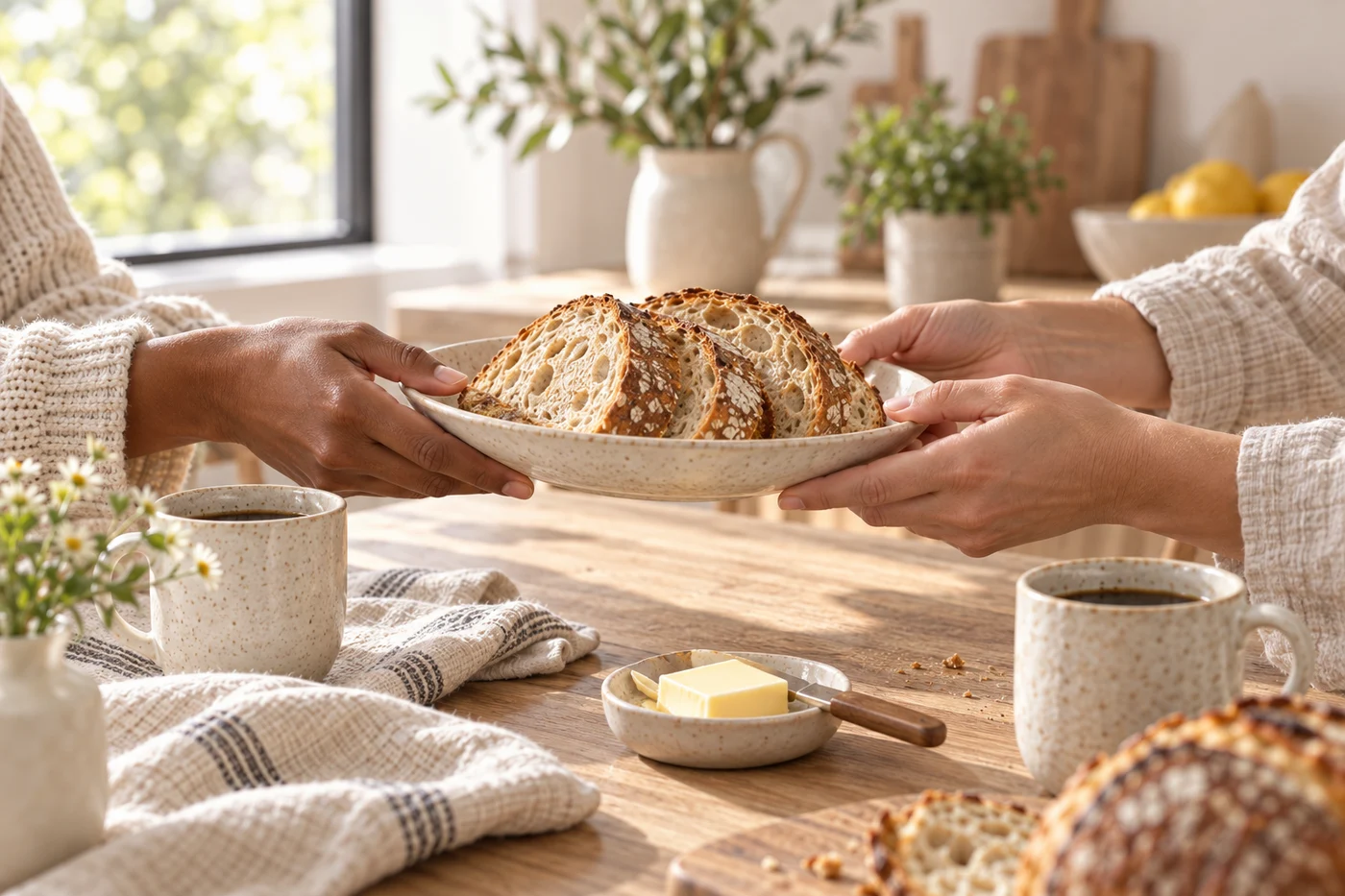 Hands sharing a plate of sourdough at a sunlit breakfast table. AI-created editorial scene.