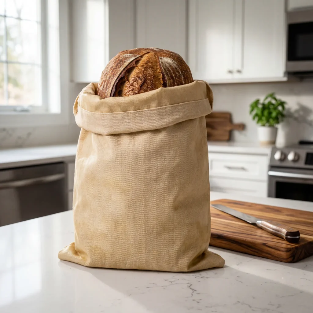 Beige beeswax-coated cotton bread storage bag on rustic wooden table with natural light