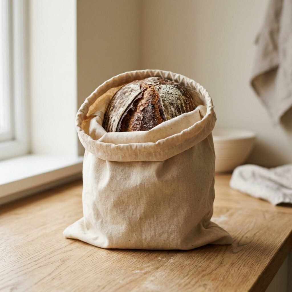 Sourdough loaf stored in beeswax-lined cotton bag on wooden surface