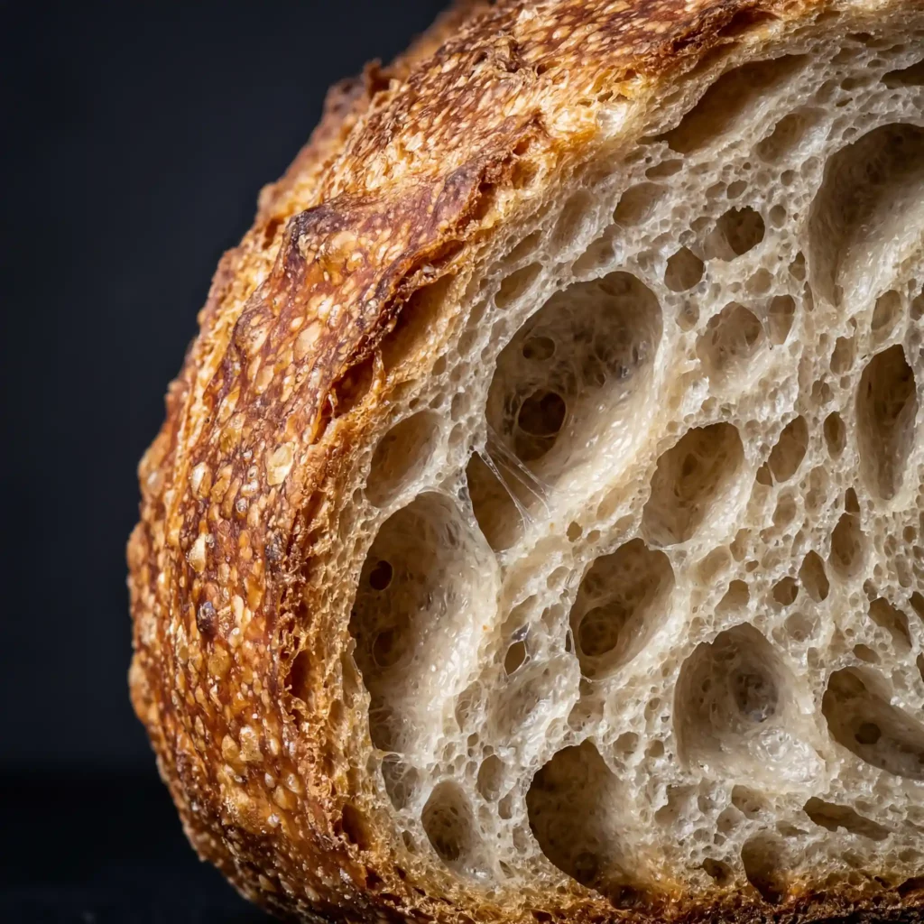 Extreme close-up of bread crust and crumb texture showing internal structure