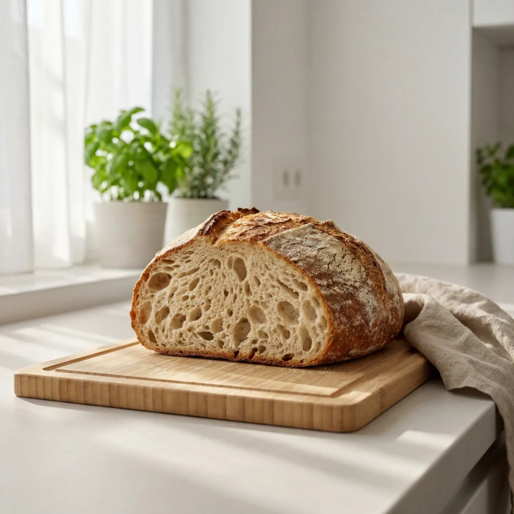 Sliced sourdough bread on bamboo cutting board with natural window light