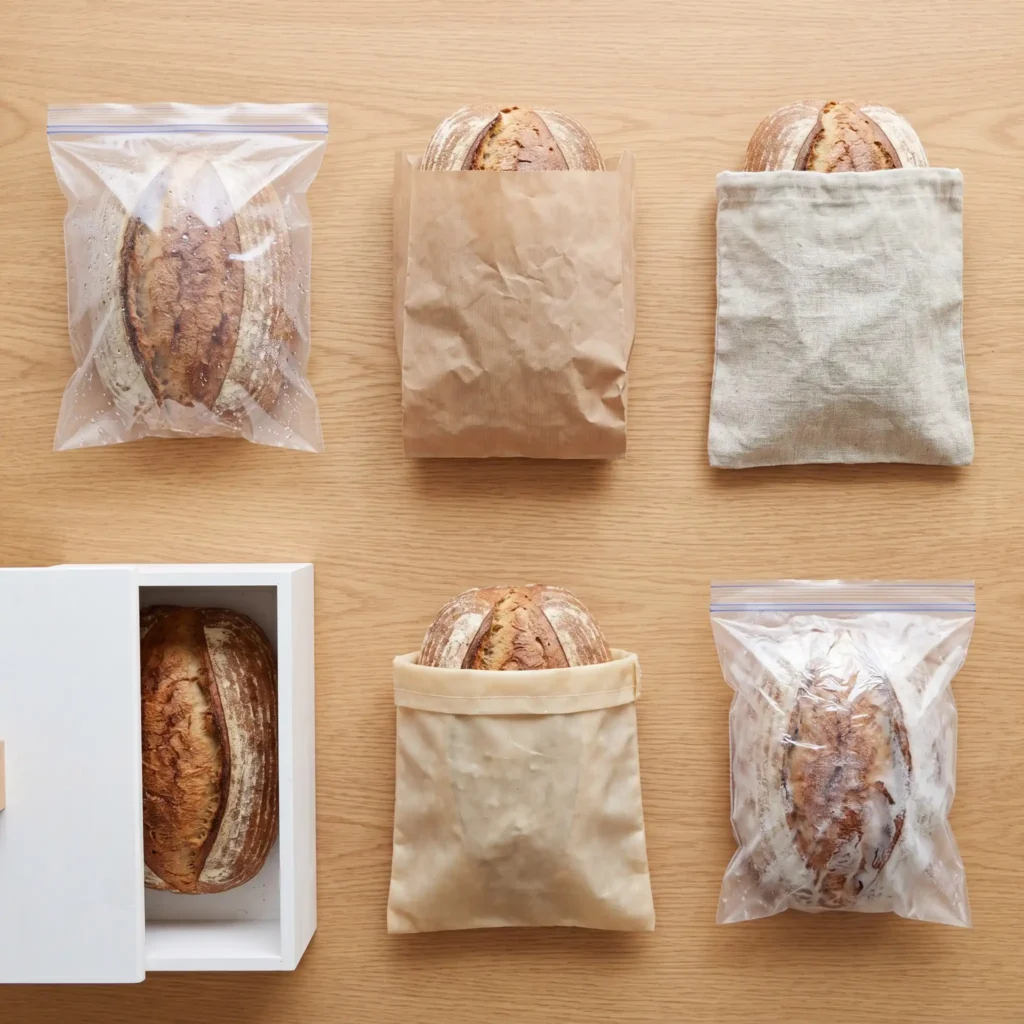 Six different bread storage methods compared side by side on wooden table