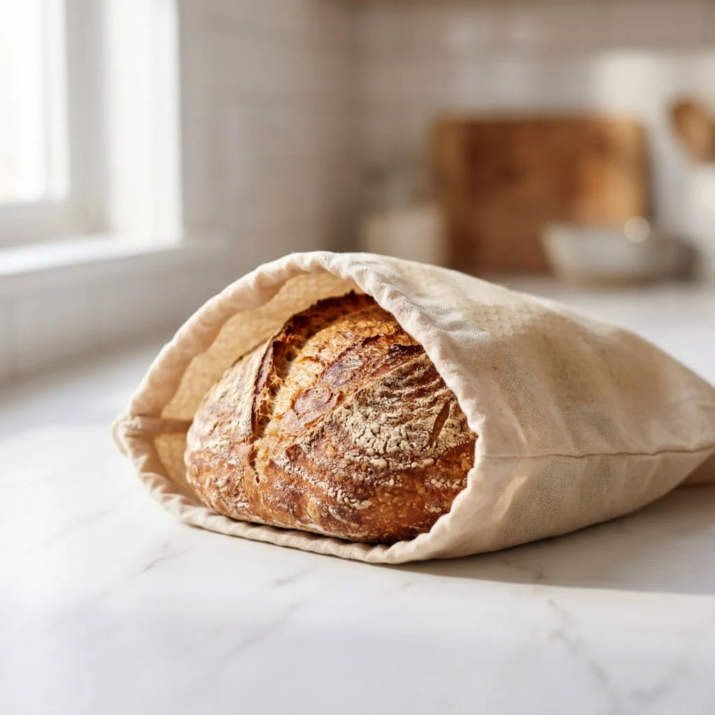 Fresh artisan bread stored in beige cotton storage bag on kitchen counter