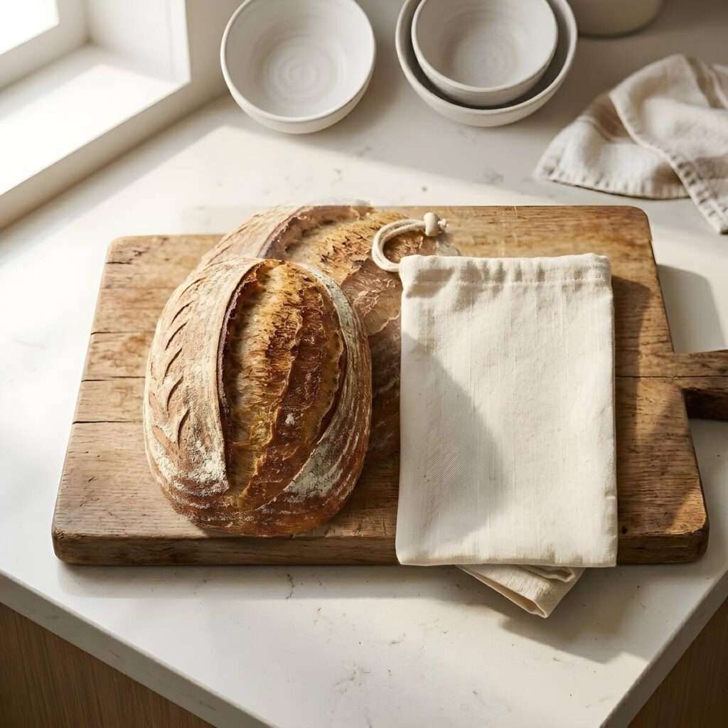 Sourdough loaf on cutting board with beeswax-lined cotton bread bag