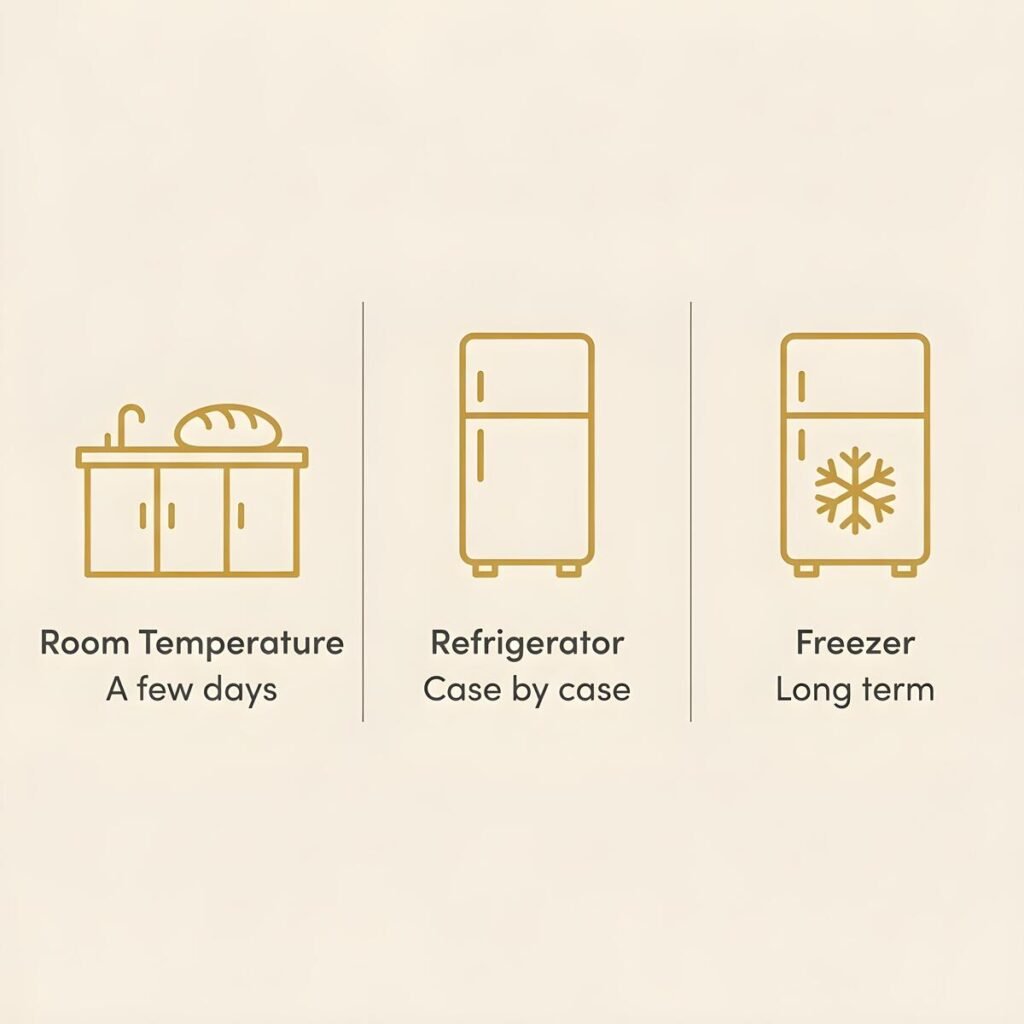 Infographic comparing room temperature, refrigerator, and freezer bread storage methods