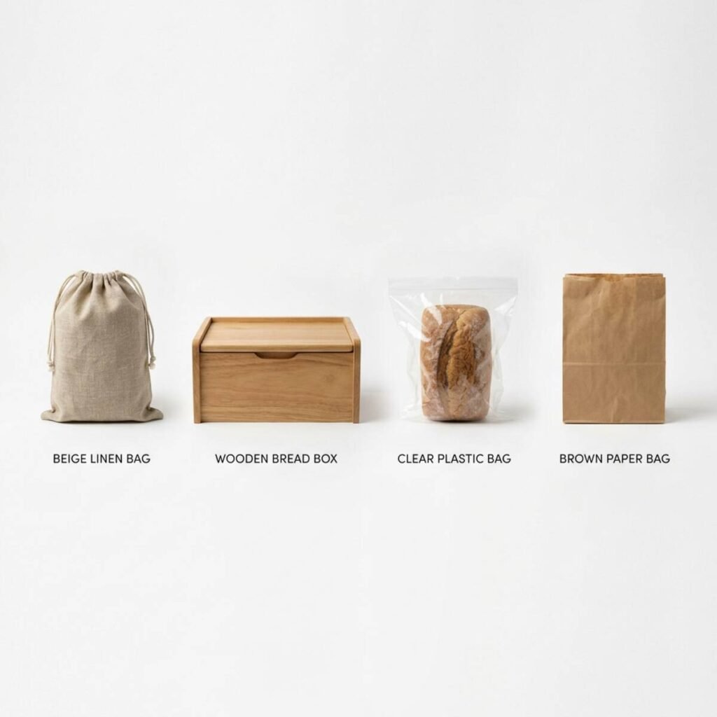 Different bread storage methods showing linen bag, wooden bread box, plastic bag, and paper bag side by side
