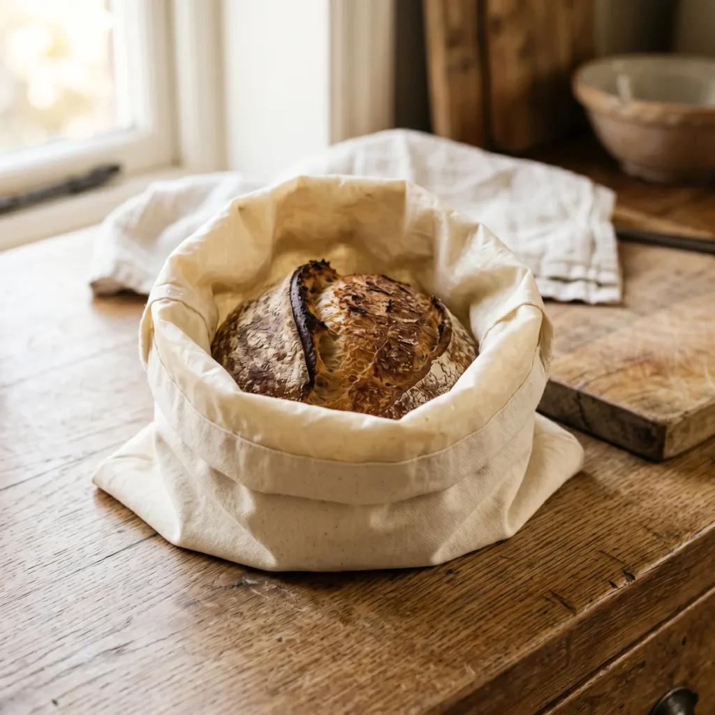 Sourdough boule inside an open beeswax-lined cotton bread bag on a rustic wooden kitchen counter