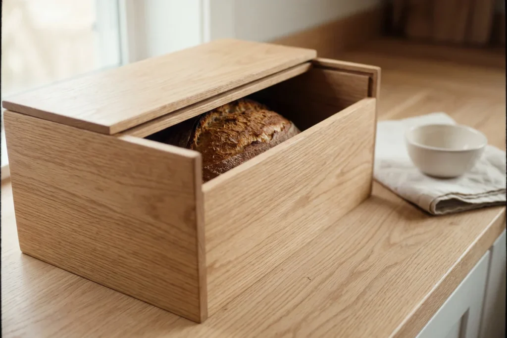 wooden bread box with lid open showing homemade bread loaf on kitchen counter