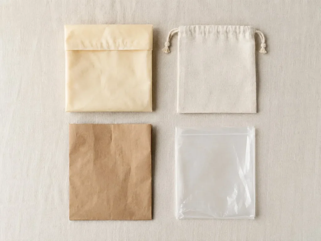Flat lay showing four bread storage options: beeswax cotton bag, linen drawstring bag, kraft paper bag, and plastic bag