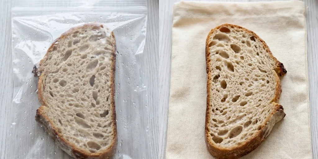 bread storage comparison: sealed plastic bag with condensation versus breathable cotton bag
