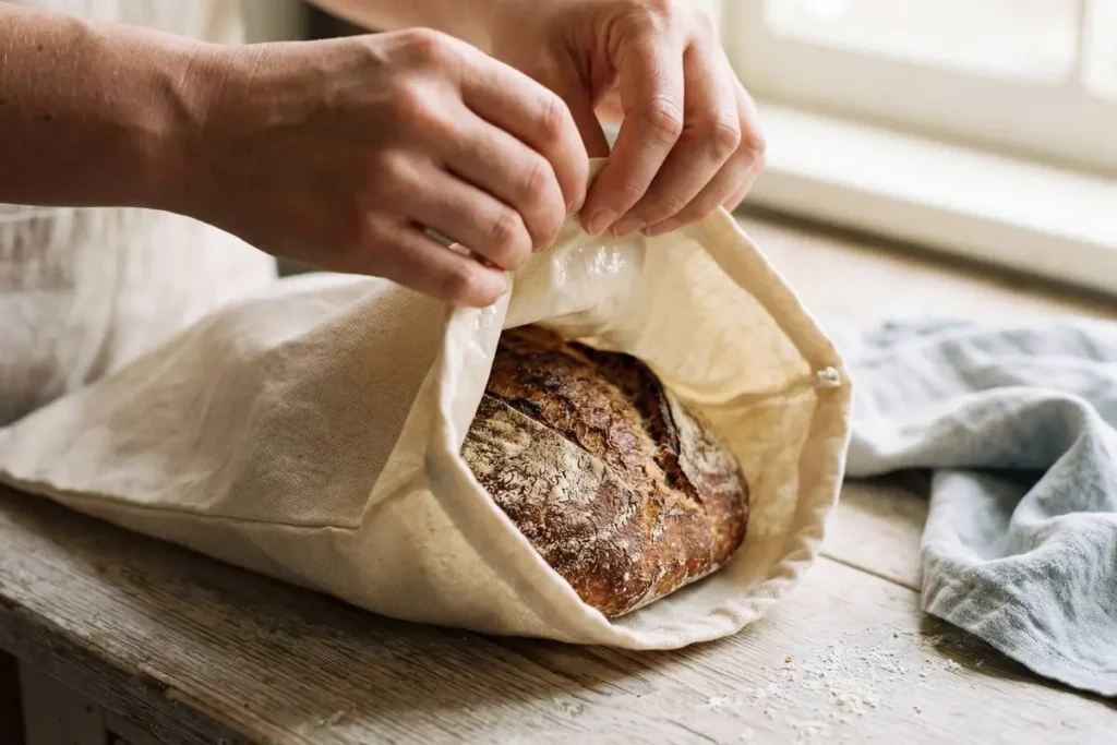 Hands folding closed a beeswax-lined cotton bread bag around a cooled sourdough loaf