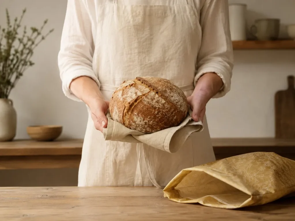 Home baker in linen apron holding a freshly baked sourdough loaf with a beeswax bread bag on the counter