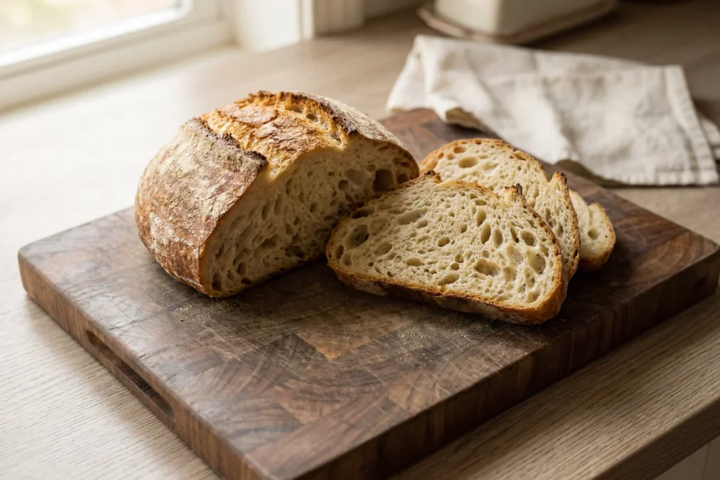partially sliced homemade bread loaf cut side down on wooden cutting board
