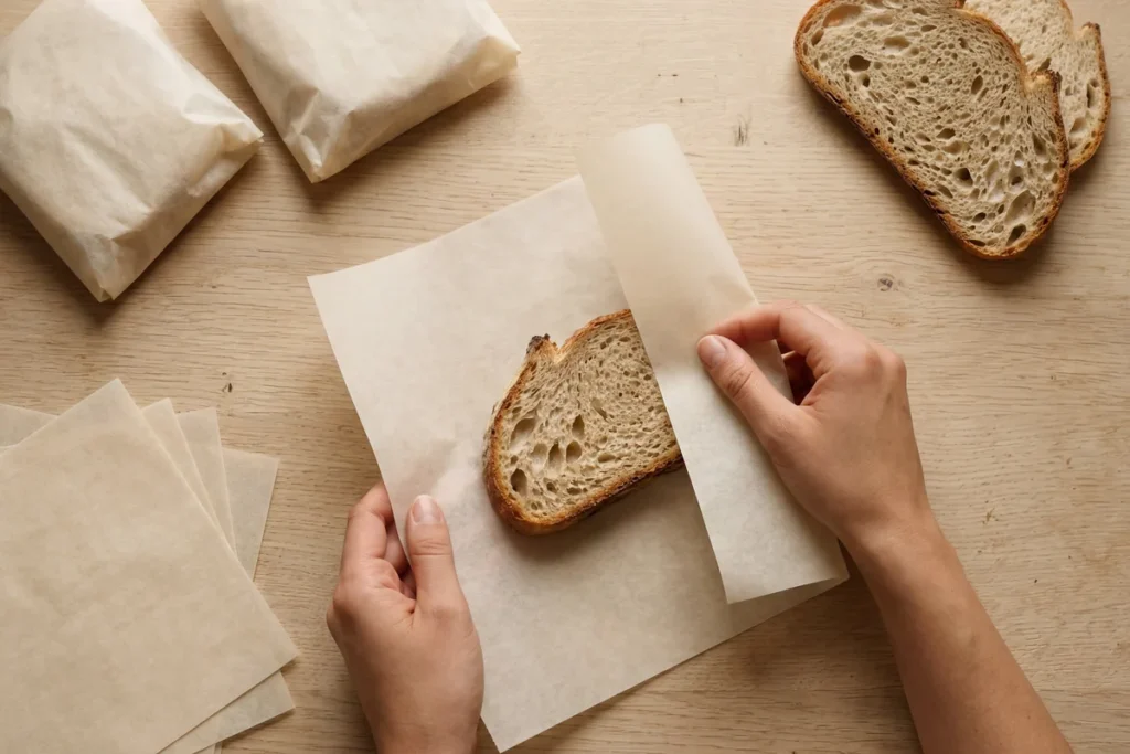 wrapping homemade bread slices in parchment paper for freezer storage