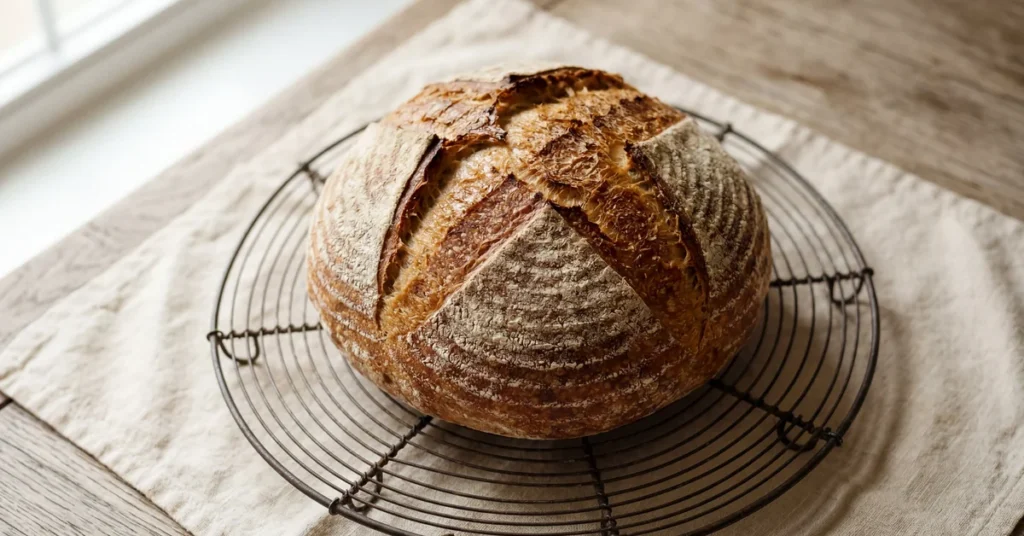 how to store homemade bread — loaf cooling on a wire rack before storage