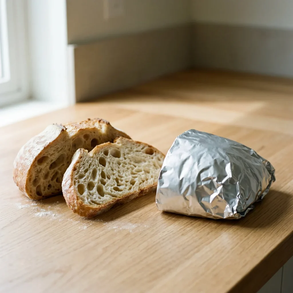 Sliced sourdough bread wrapped in foil and ready for freezer storage, the recommended method for long-term preservation