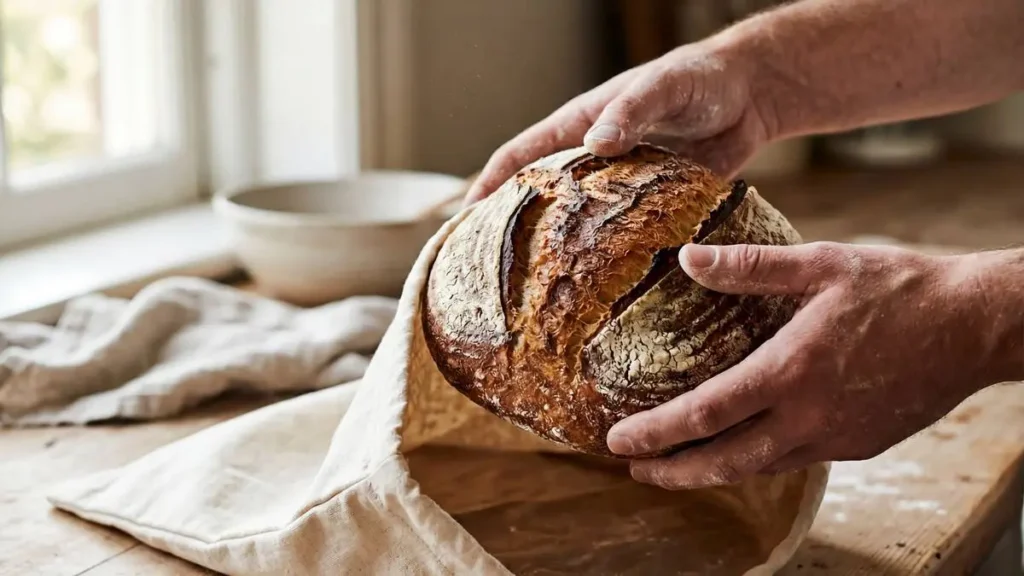Artisan sourdough loaf being placed into a natural cotton bread bag on a wooden counter