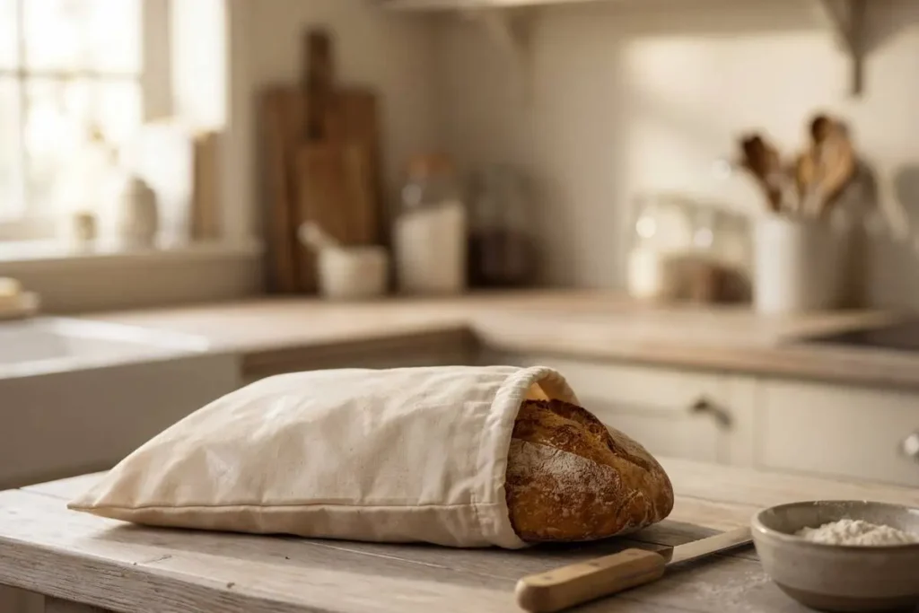 A cotton sourdough bread bag on a kitchen counter beside a bread knife and a bowl of flour