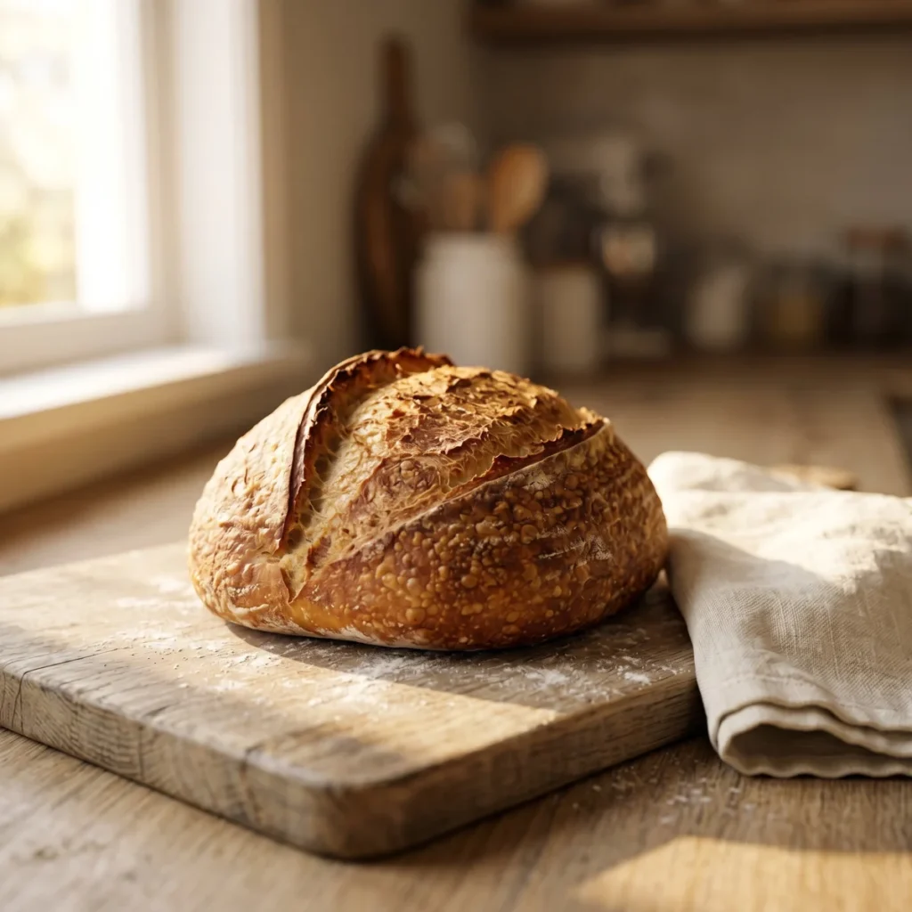 Artisan sourdough loaf on a wooden cutting board with linen cloth, demonstrating room-temperature bread storage