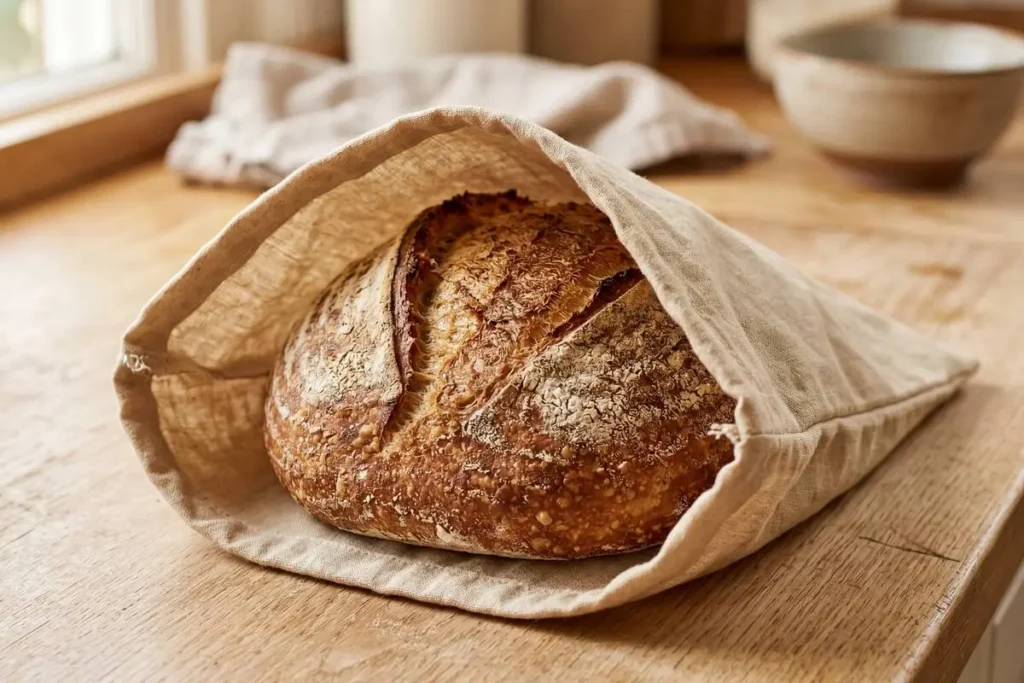 Sourdough loaf stored in a breathable cotton bread bag with a dry crisp crust