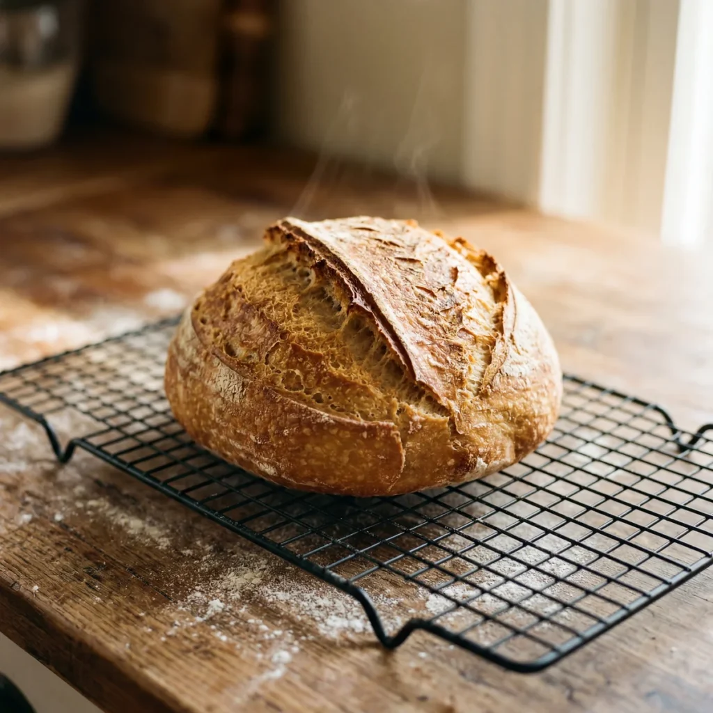 Freshly baked sourdough loaf cooling on a wire rack before being stored, showing why bread must be fully cool first