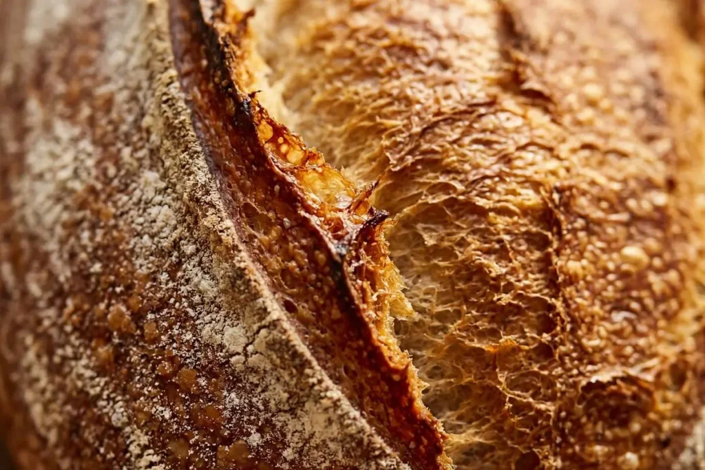 Close-up of a crisp golden sourdough crust showing scoring and blistered texture