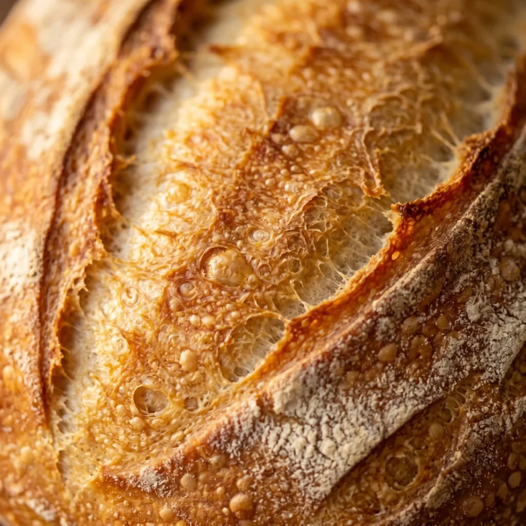 Close-up of sourdough crust texture showing the kind of crisp surface that proper storage helps preserve