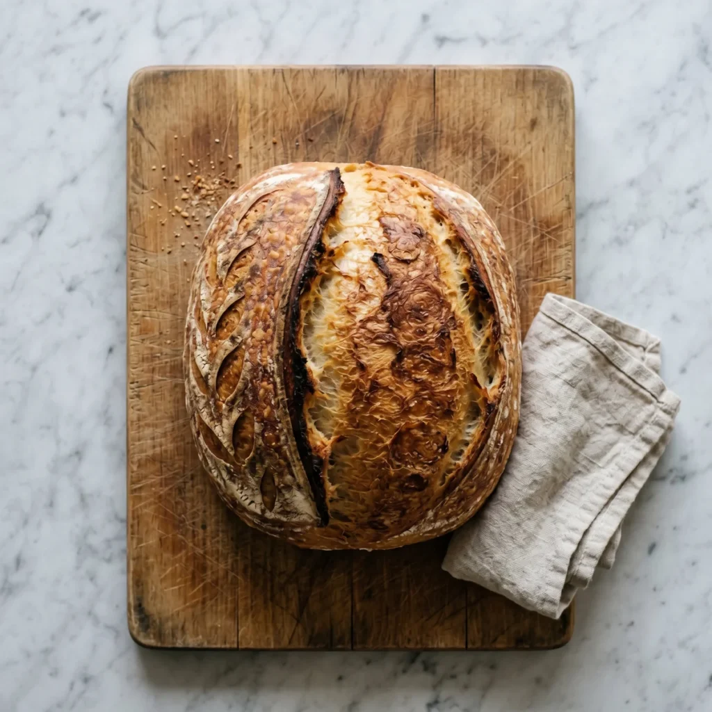 Sourdough boule placed cut-side-down on a wooden board to protect the soft interior during room-temperature storage