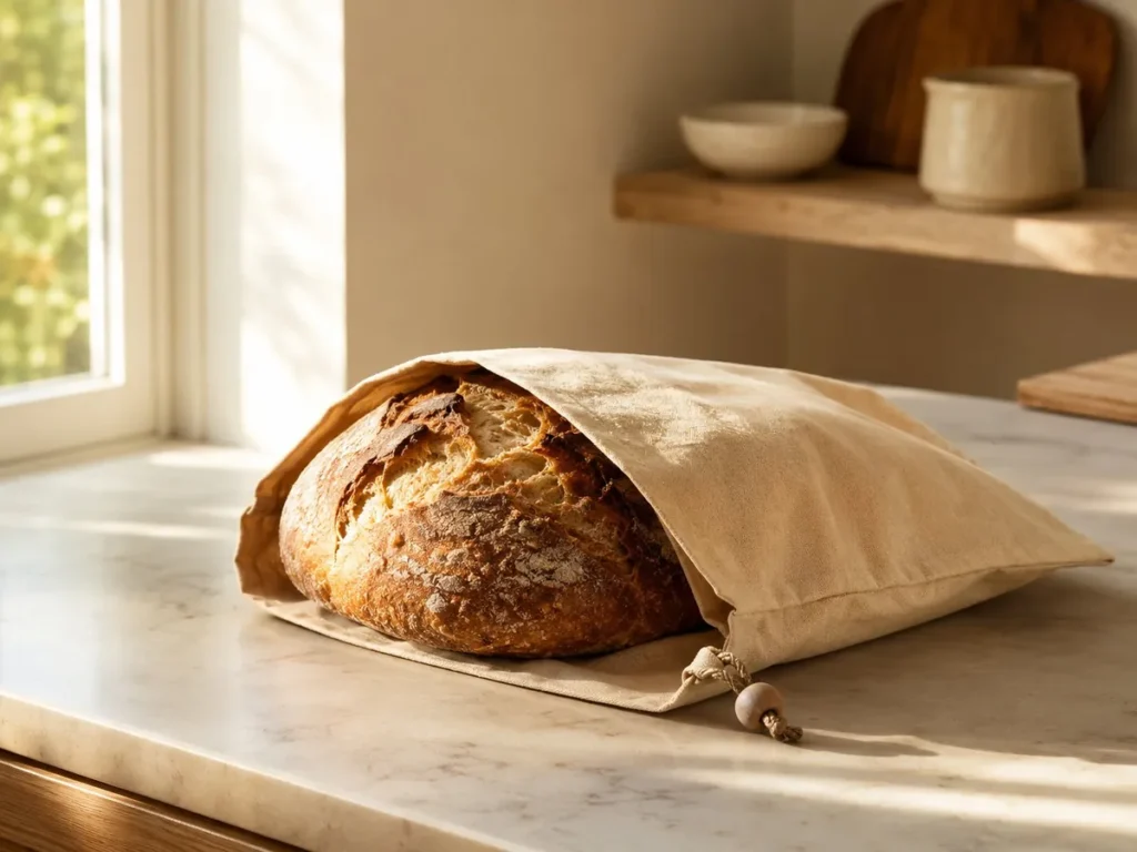 Sourdough loaf in a beeswax-lined cotton bread bag on a marble kitchen counter