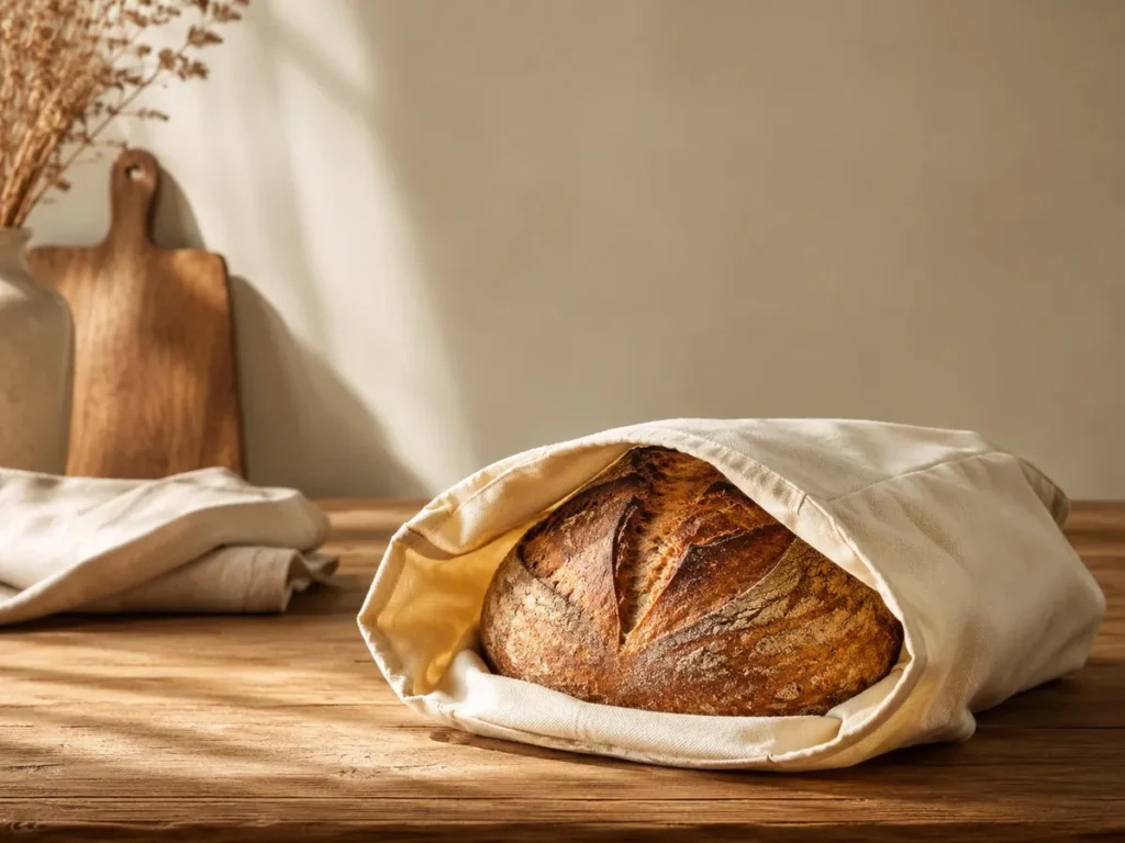 Sourdough loaf resting in an open beeswax-lined cotton bread bag on a wooden kitchen counter