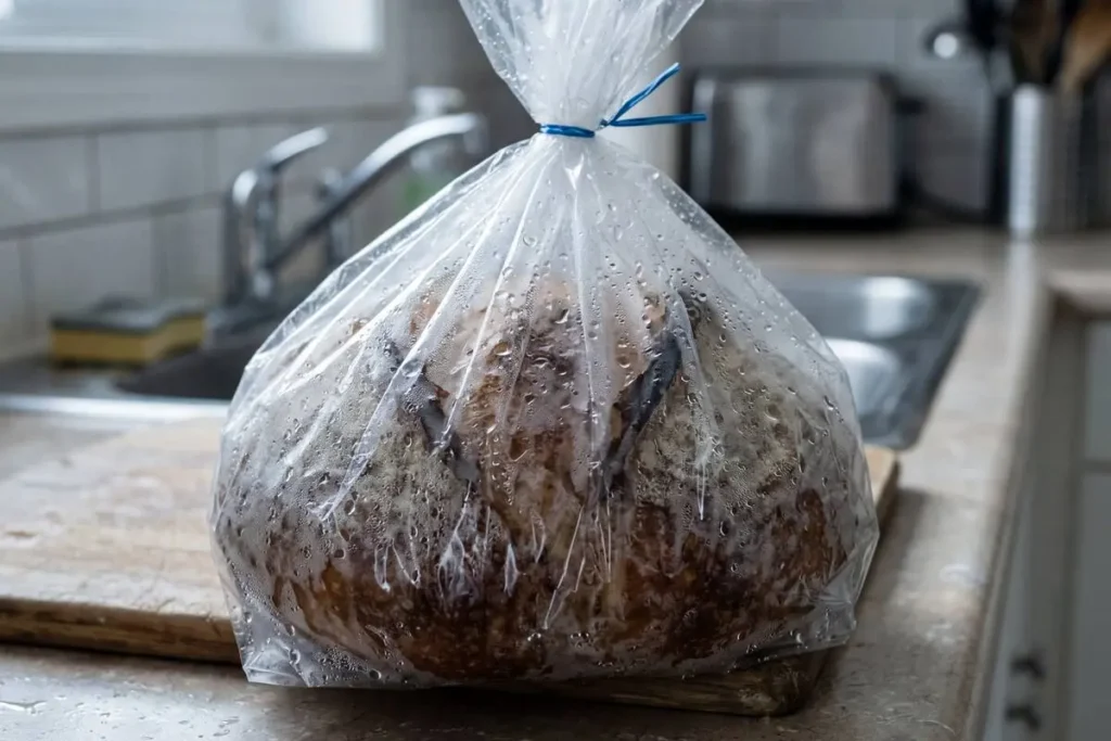 Condensation forming inside a sealed plastic bag around a sourdough loaf