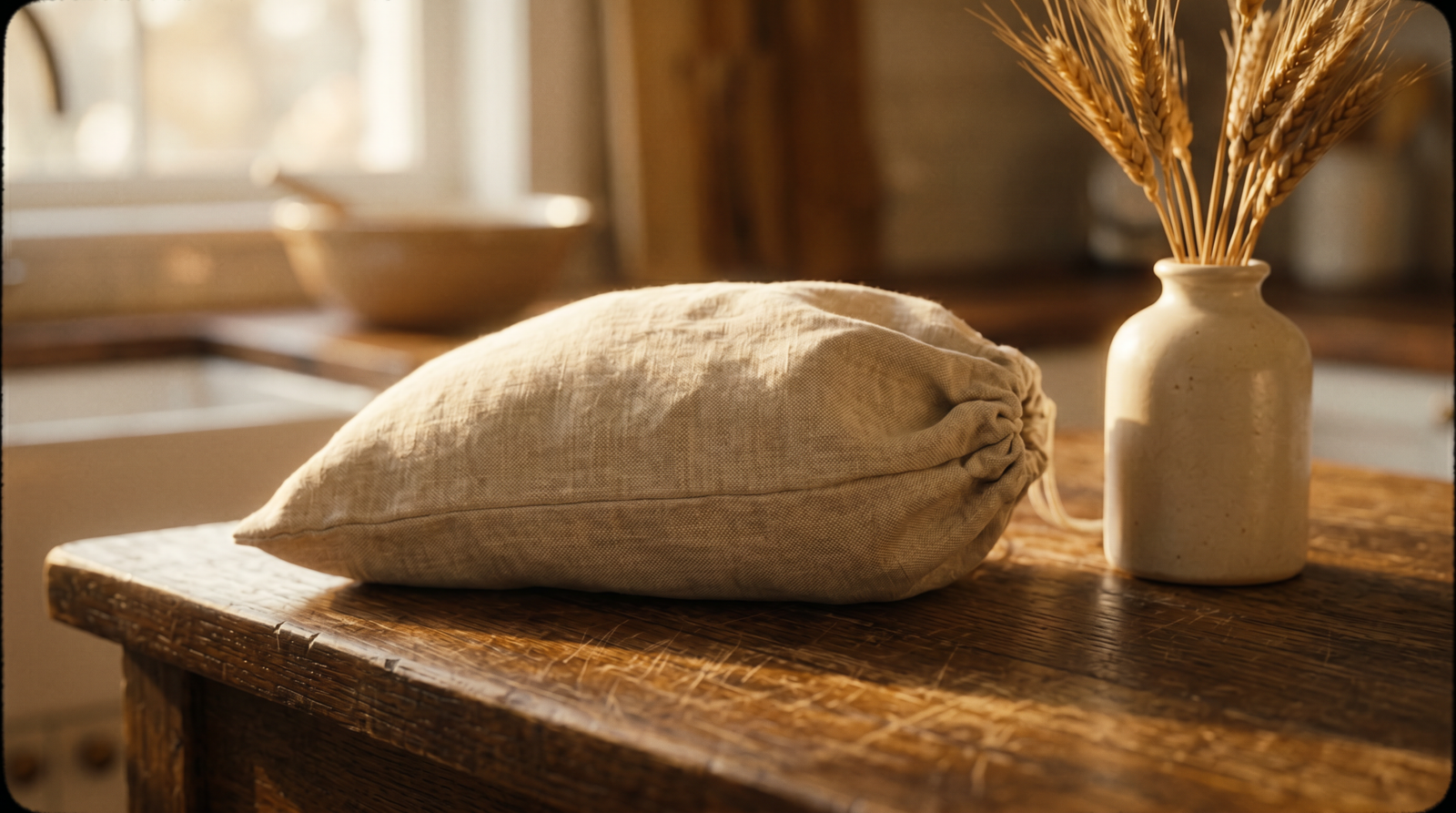 Talorne bread bag on a warm kitchen counter with wheat stalks