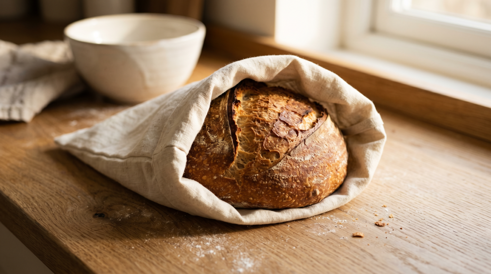 Artisan sourdough loaf in a natural linen Talorne bread bag, warm kitchen light