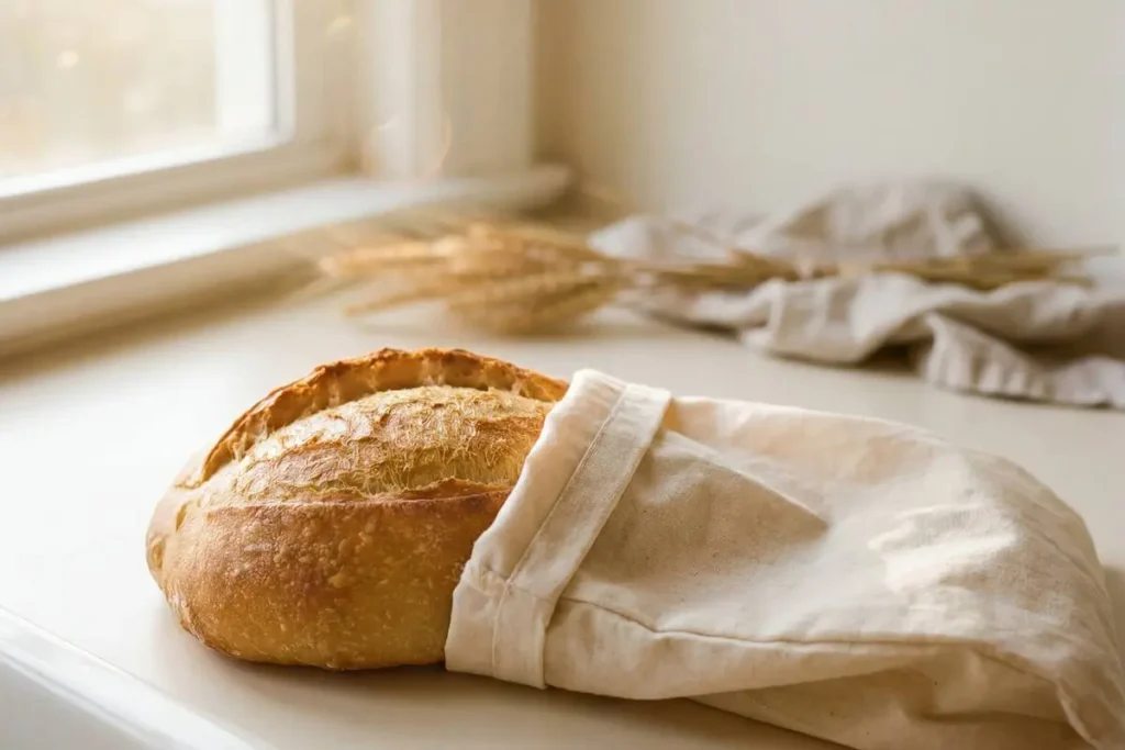 Fresh artisan loaf and a natural beeswax-lined cotton bread bag on an ivory kitchen surface