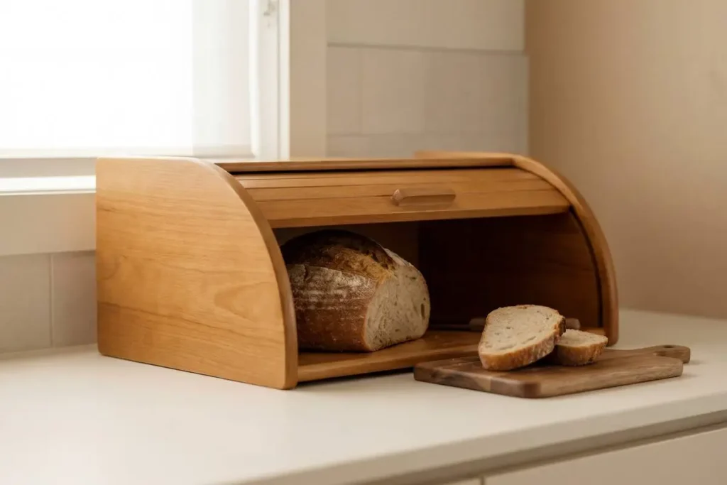 Crusty artisan loaf beside an open wooden bread box on a kitchen counter, showing everyday counter storage