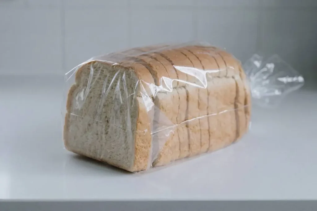 Soft sliced sandwich loaf in a clear plastic bread bag on a light kitchen counter