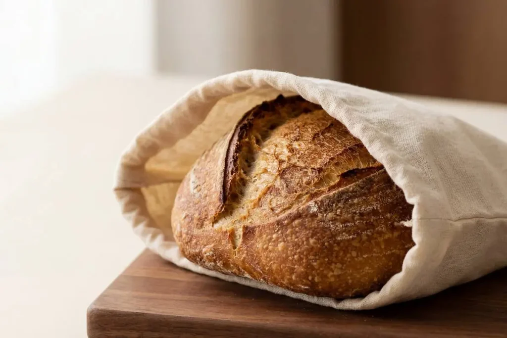 Crusty sourdough loaf partly inside a natural beeswax-lined cotton bread bag on a wooden board