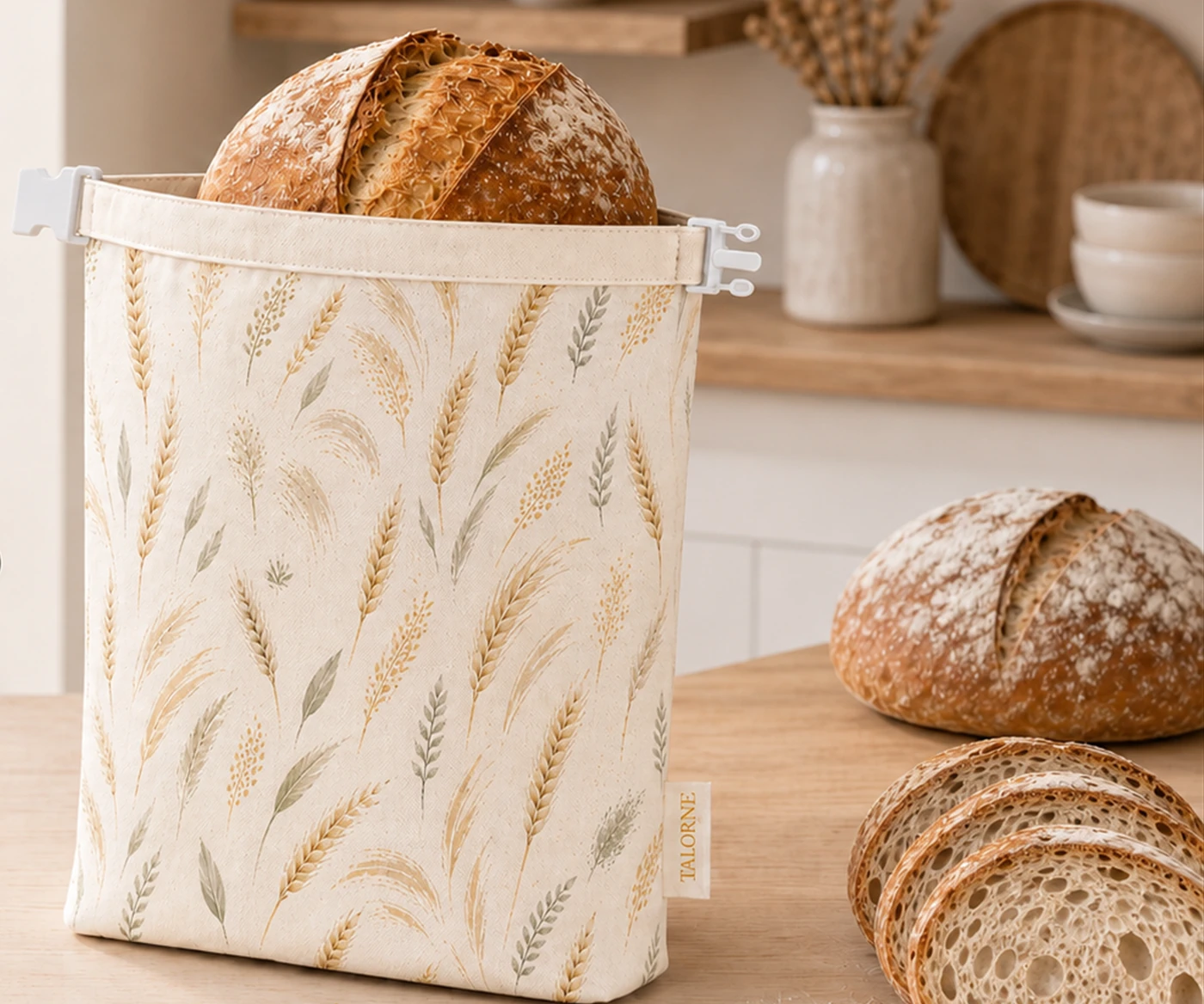 Original Amazon A+ photograph showing a Wheat Stalk bag and loaf for scale.
