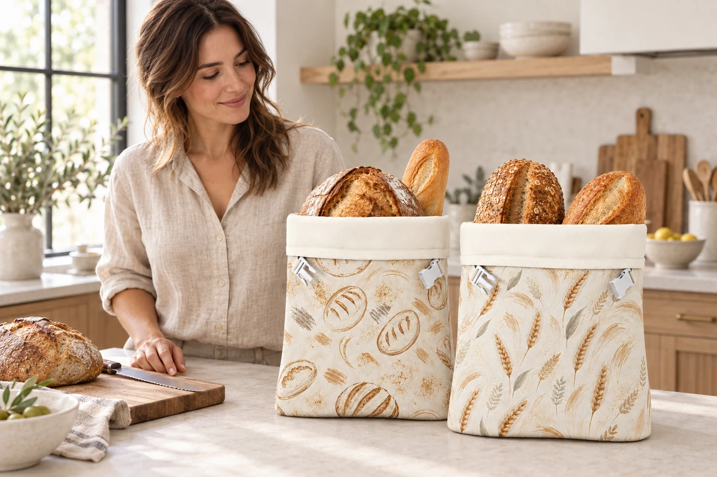 A woman beside the Talorne Bread Sketch and Wheat Stalk bags in a bright home kitchen. AI-created lifestyle scene.